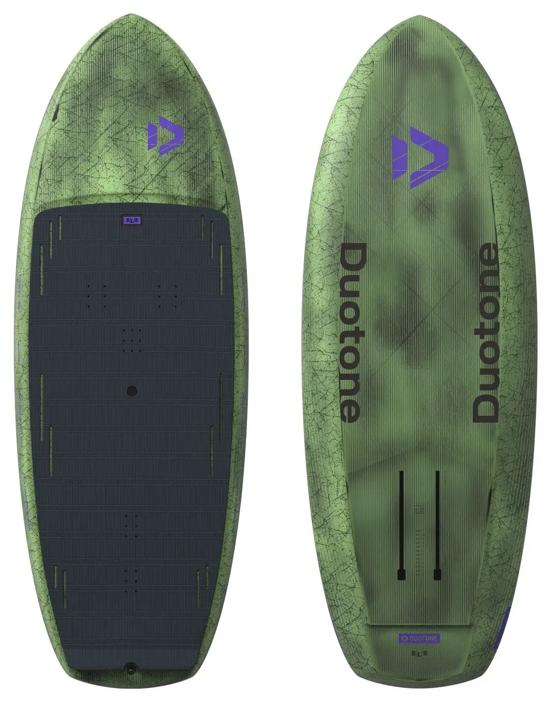 Planche de wing foil Duotone Trace SLS 2027 vue de dessus et de dessous, pont anthracite et coque vert olive marqu&eacute;e Duotone