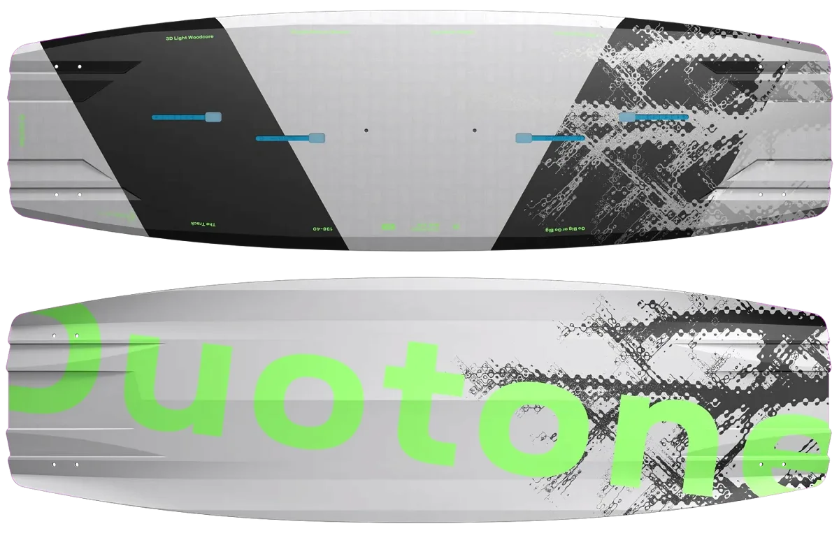 Planche de kitesurf Duotone TS Big Air SLS 2027 vue de dessus et de dessous, pont gris et noir, semelle marquée Duotone en vert