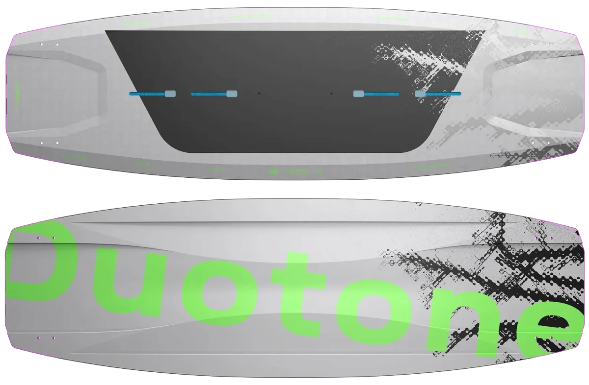 Planche de kitesurf Duotone TS Freestyle SLS 2027 vue de dessus et de dessous, pont gris et noir, semelle marquée Duotone en vert