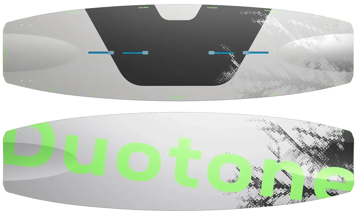 Planche de kitesurf Duotone TS Park 2027 vue de dessus et de dessous, pont gris et noir, carène marquée Grind Base et Triax Glass
