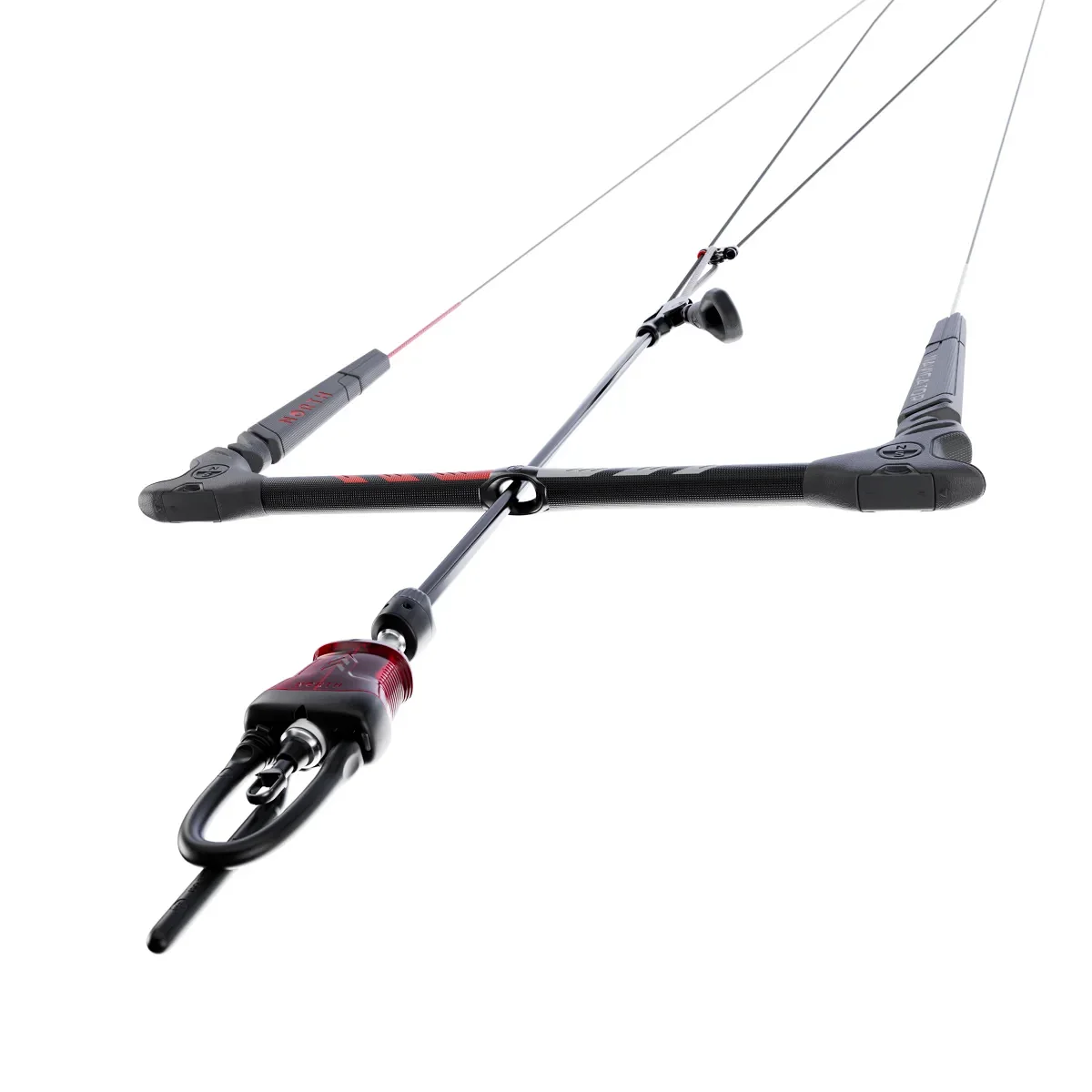 Barre de kitesurf North Navigator Gen2 vue de trois quarts, avec son largable rouge, son leash et ses lignes