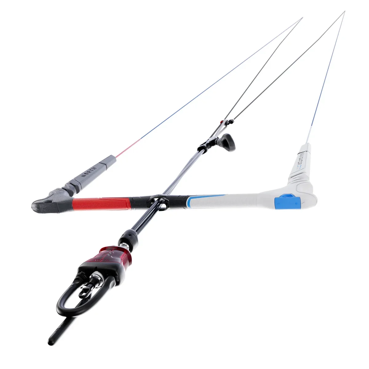 Barre de kitesurf North Navigator Pro Gen2, grip rouge &agrave; b&acirc;bord et bleu &agrave; tribord, avec son largable et ses lignes