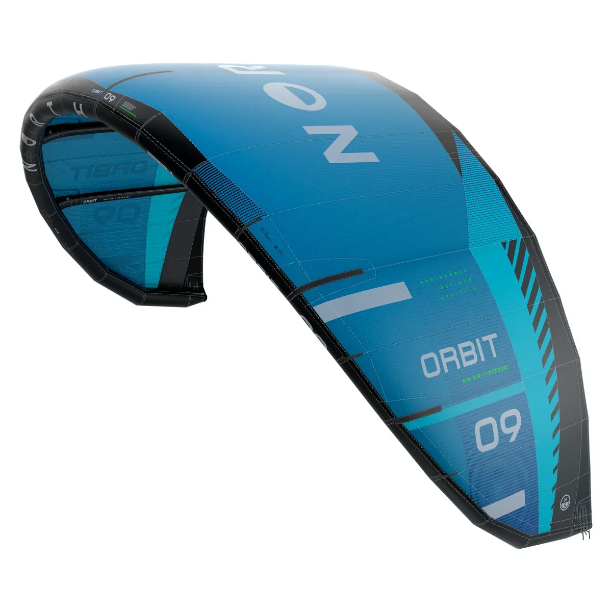 Aile de kitesurf North Orbit 2027 en 9 m&egrave;tres, coloris turquoise, vue de trois quarts avec son bord d'attaque noir