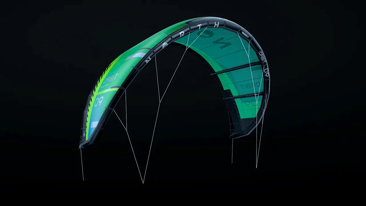 Rendu de trois quarts d'une aile North Orbit 2027 vert citron sur fond noir, ses bridles tendues sous le bord d'attaque
