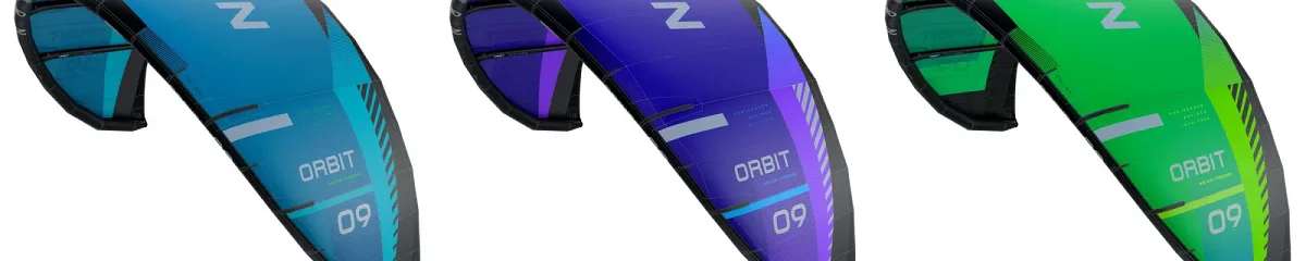 Les trois coloris de la North Orbit 2027 c&ocirc;te &agrave; c&ocirc;te en 9 m&egrave;tres : turquoise, violet fonc&eacute; et vert citron